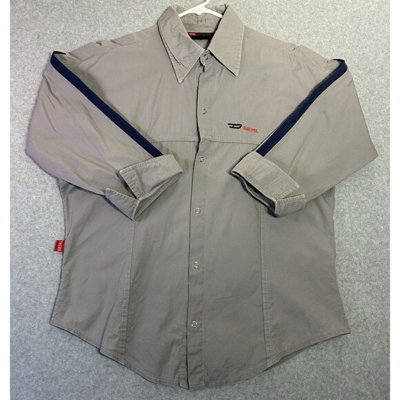 Diesel Button Up Shirt Men’s Size Large Gray Long Sleeve Logo Striped Arm Detail - Picture 1 of 8